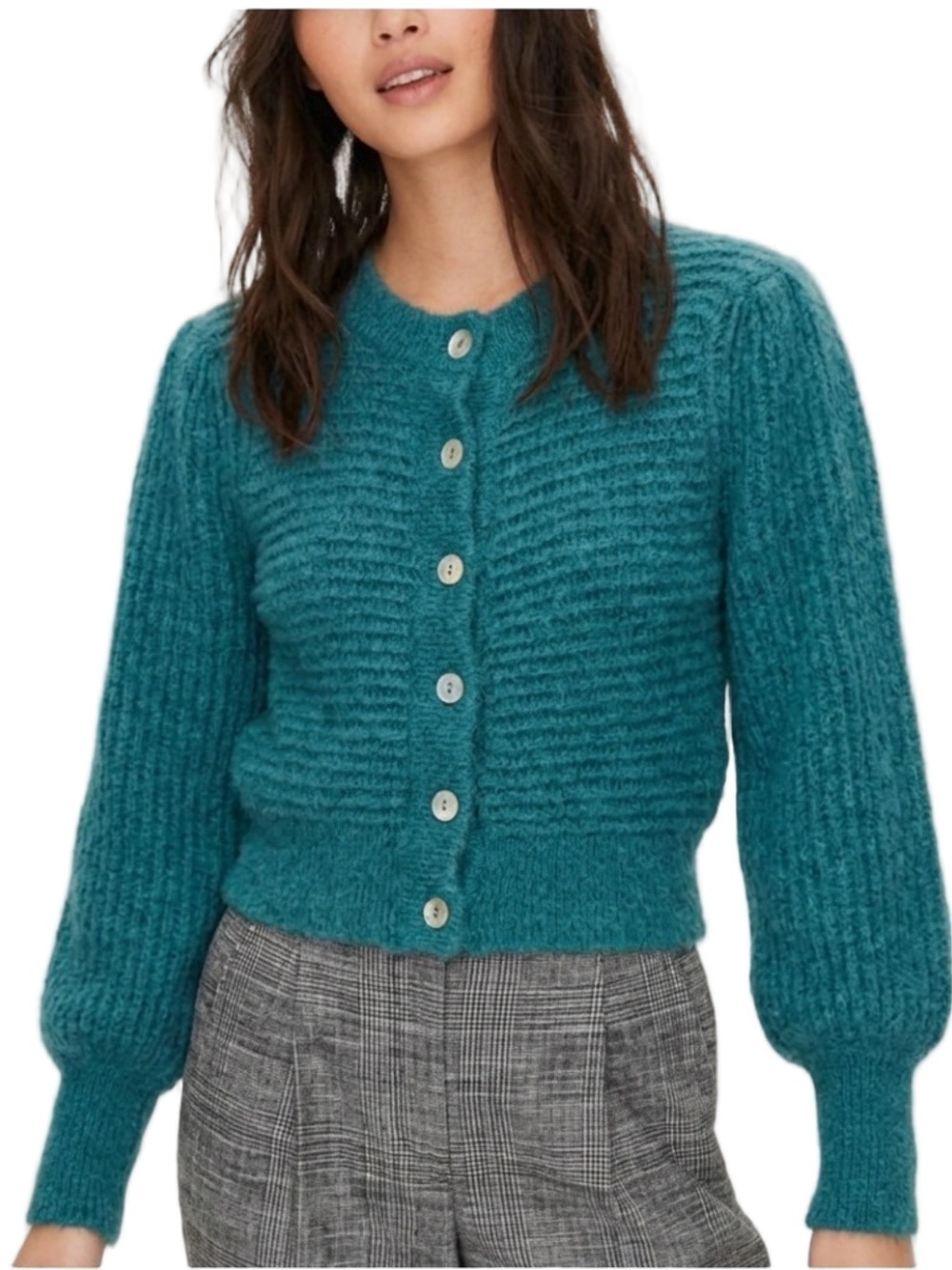 Aritzia Alessia teal alpaca blend fuzzy cropped puff shoulder cardigan sweater S